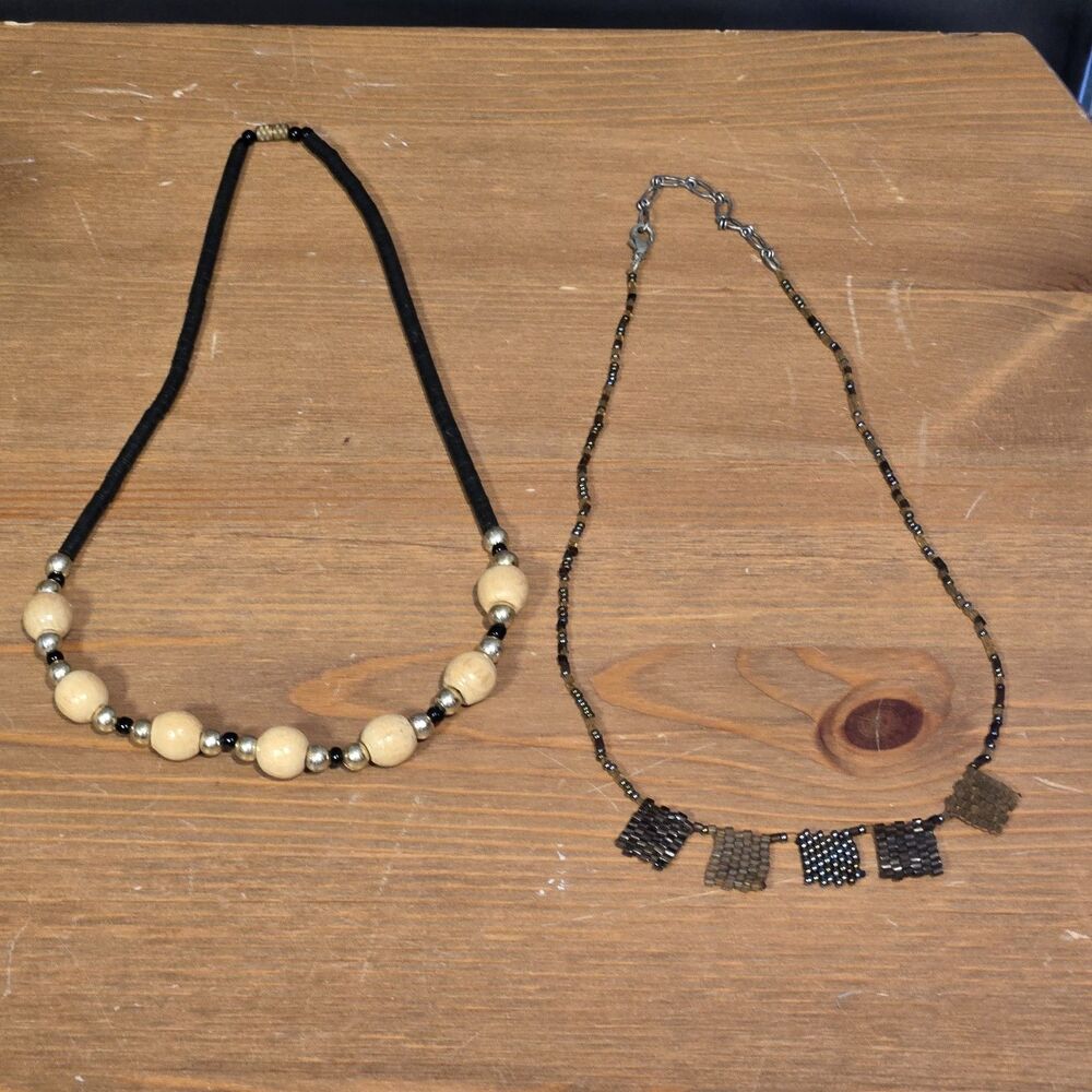2 Vintage Wood & Beaded Necklaces Costume Fashion Jewelry, Boho 80s 90s - Picture 2 of 7